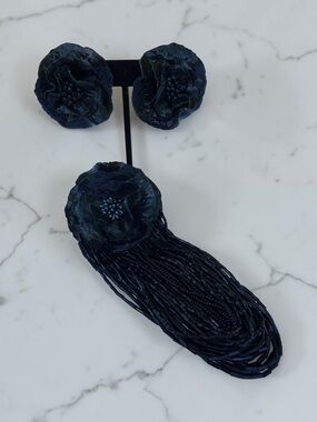Vintage Black Beaded Flower Brooch & Earrings Set Cascading Fringe Jewelry